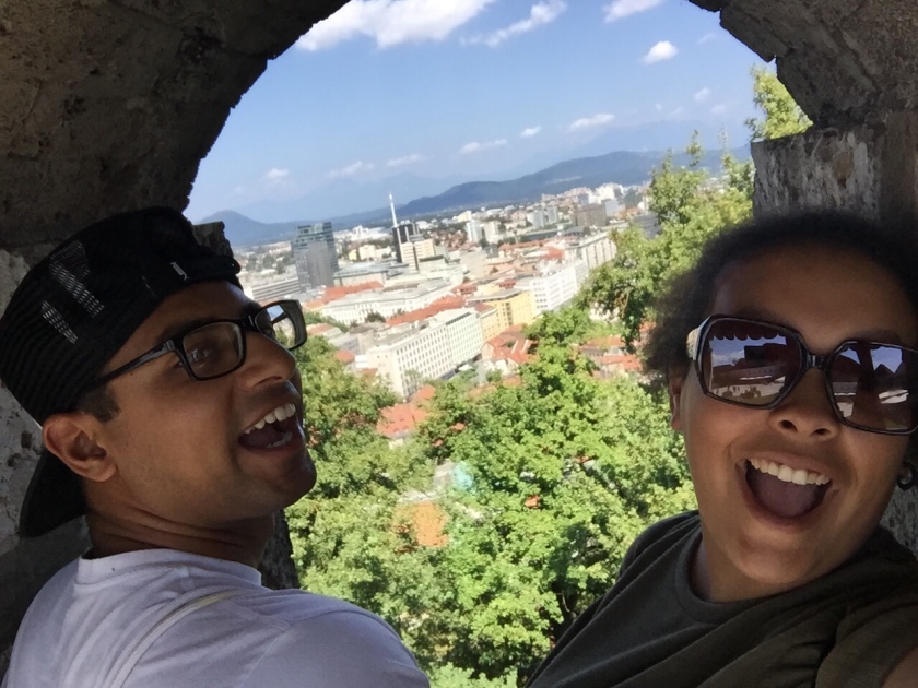 Pulling funny faces at Ljubljana castle . Nice view over the city
